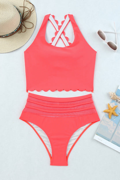 Chic pink scalloped high waist criss-cross bikini