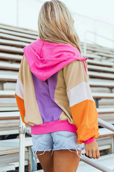 Color block zip-up hoodie with drawstring and long sleeves