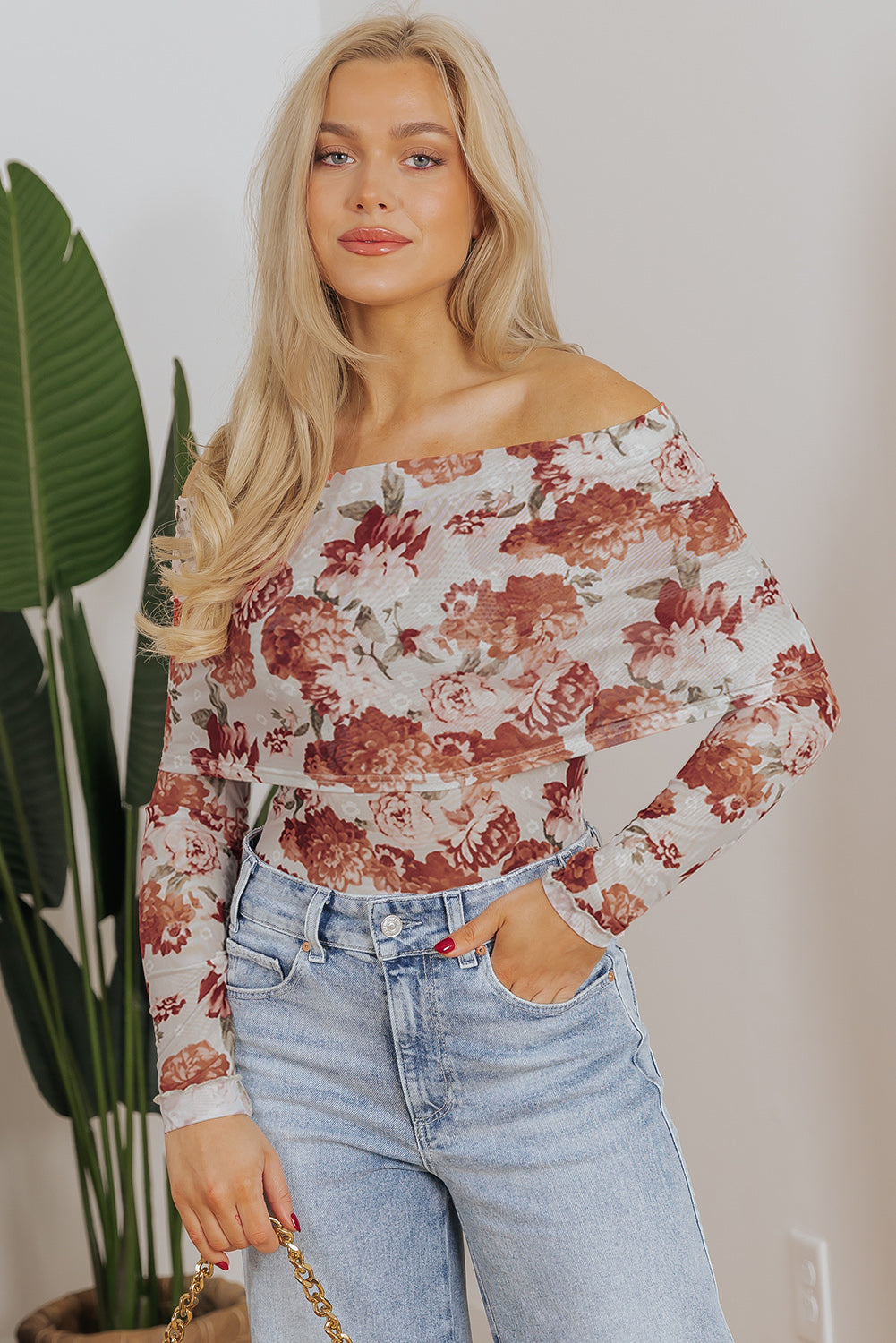 Pink Floral Printed Long Sleeve Sheath Bodysuit for Women