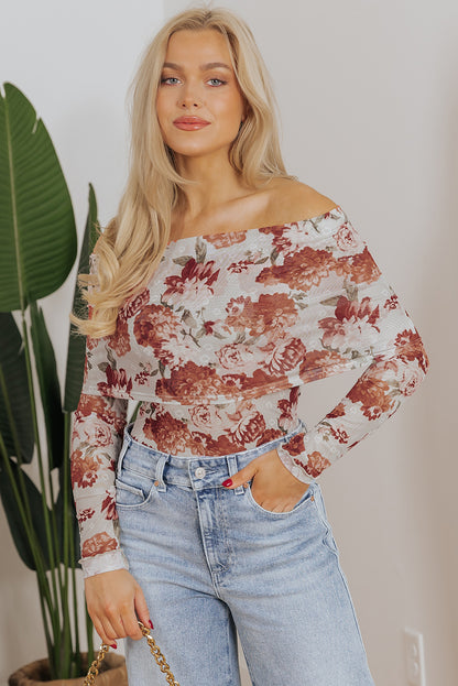 Pink Floral Printed Long Sleeve Sheath Bodysuit for Women