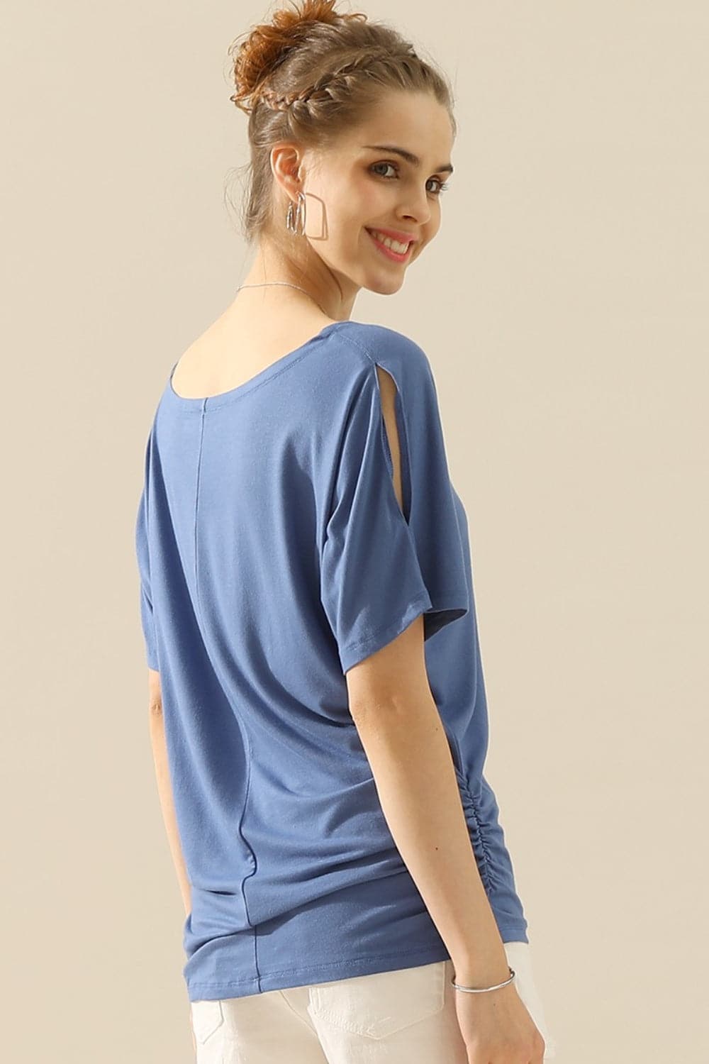 Ninexis Boat Neck Short Sleeve Ruched Side Top.