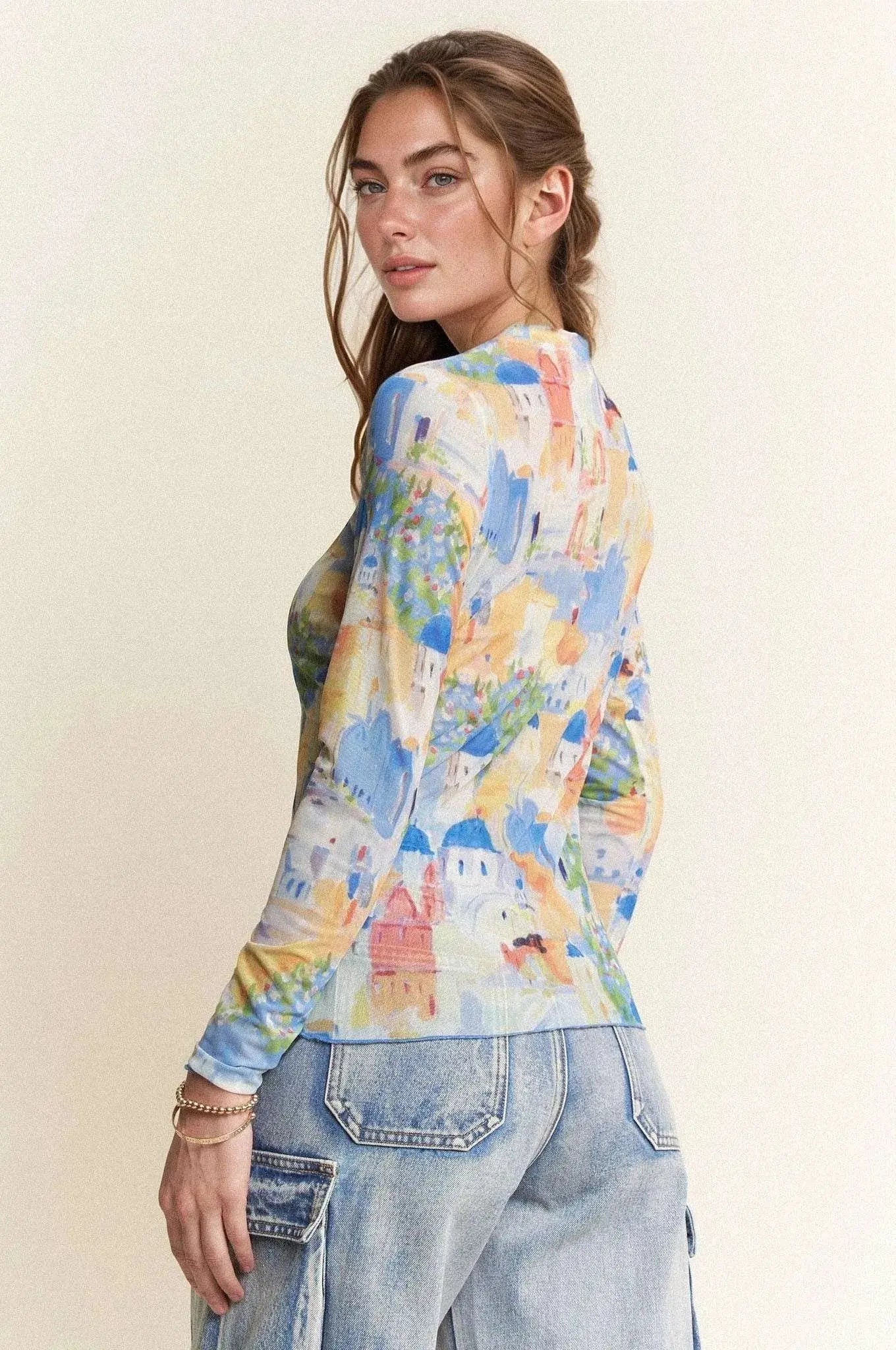 Davi & Dani Multi Printed Mesh Round Neck Long Sleeve Top - Love Salve 