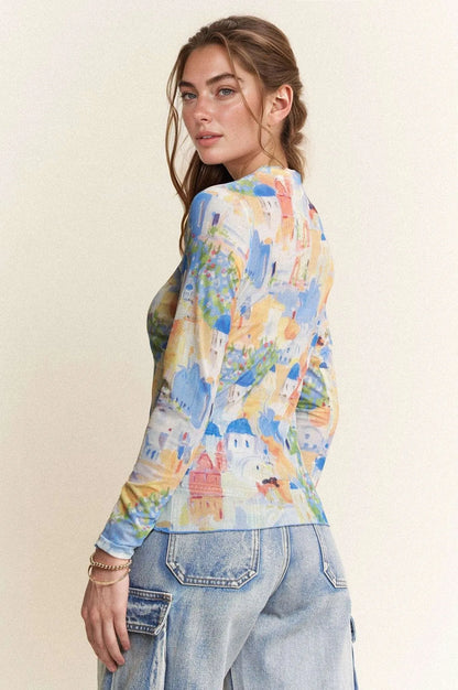 Davi & Dani Multi Printed Mesh Round Neck Long Sleeve Top - Love Salve 