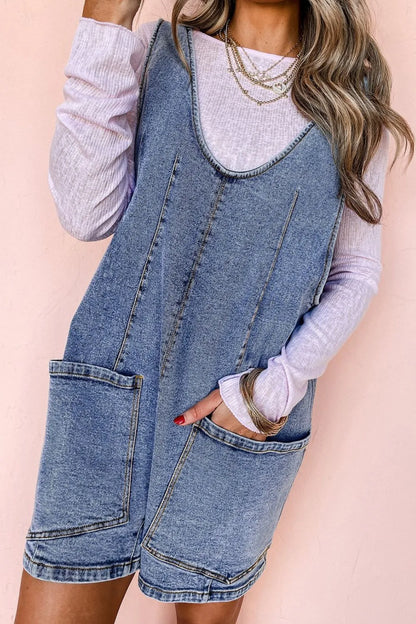 U Neck Patched Pocket Denim Overalls