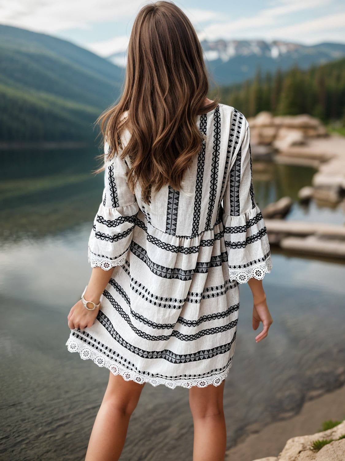 Lace Detail Printed Three-Quarter Sleeve Dress.