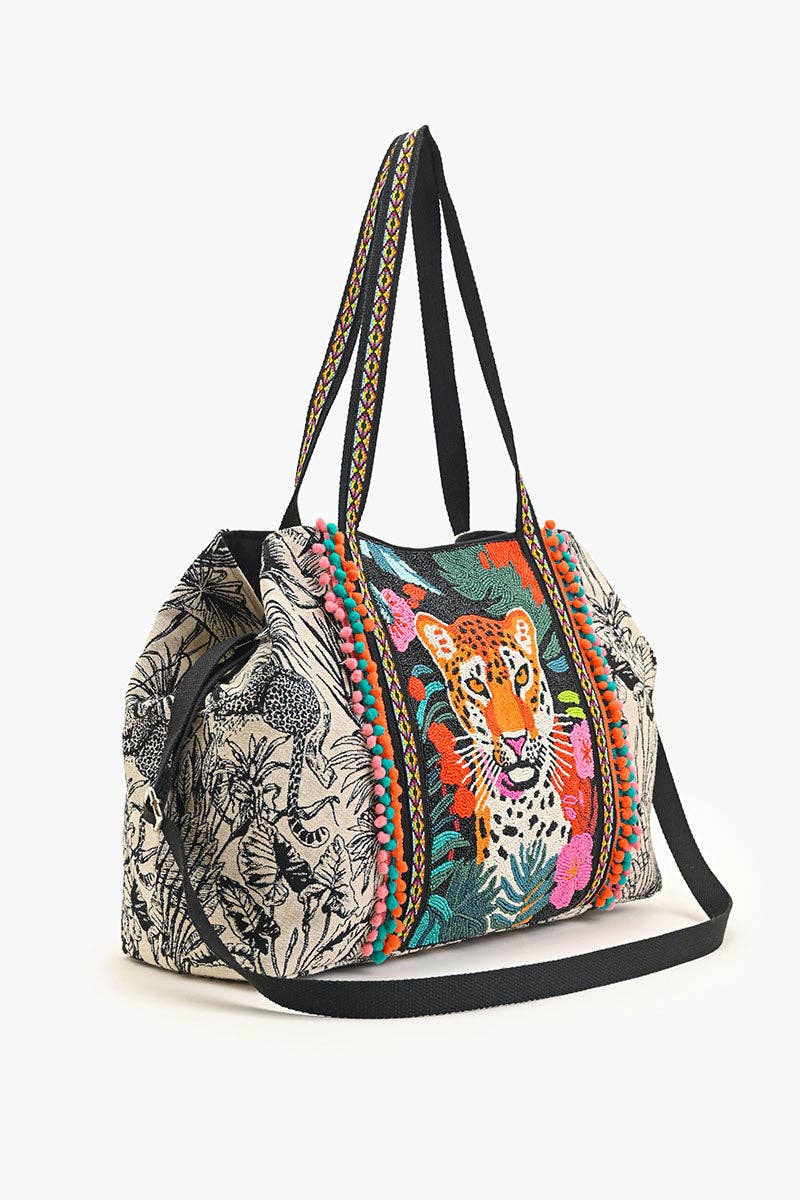 Tropical Leopard Embellished Tote With Luxe Cotton Jacquard Fitkitty Culture Athleisure Wear, Yoga Wear & Women's Clothing
