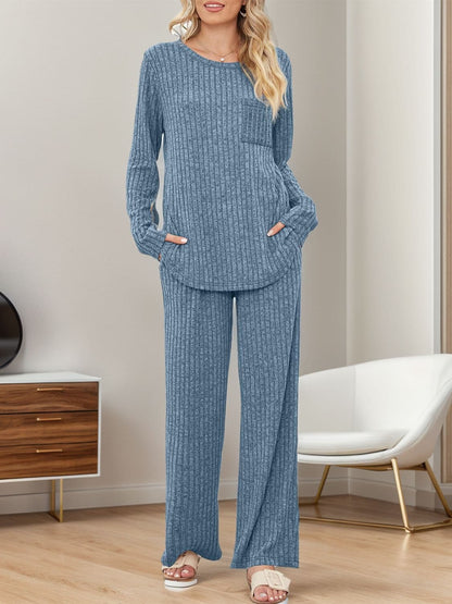 Cozy two-piece round neck top and pants ensemble