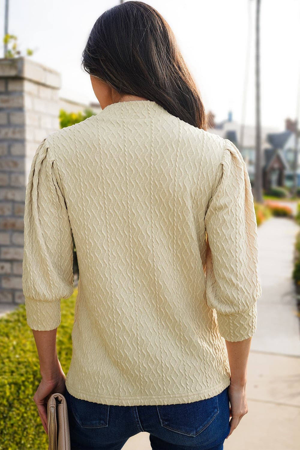 Textured Mock Neck Three-Quarter Sleeve Top.