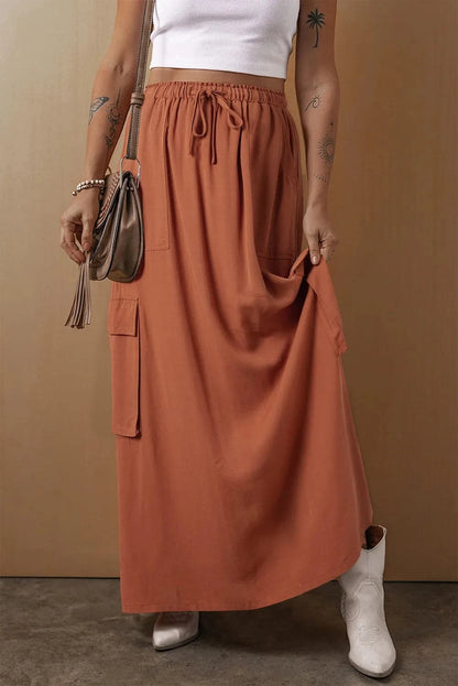 Versatile drawstring maxi skirt with convenient pockets