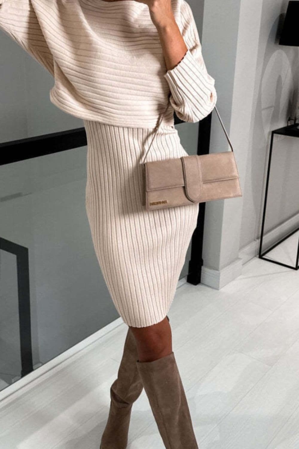 Ribbed Round Neck Top and Cami Dress Sweater Set.