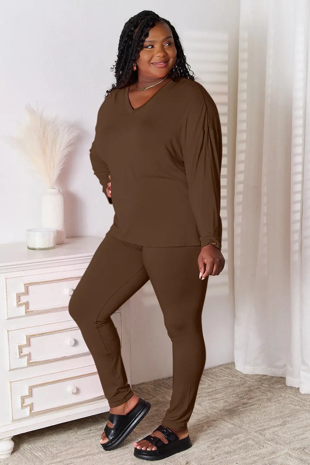 Basic Bae Full Size V-Neck Soft Rayon Long Sleeve Top and Pants Lounge Set - Love Salve