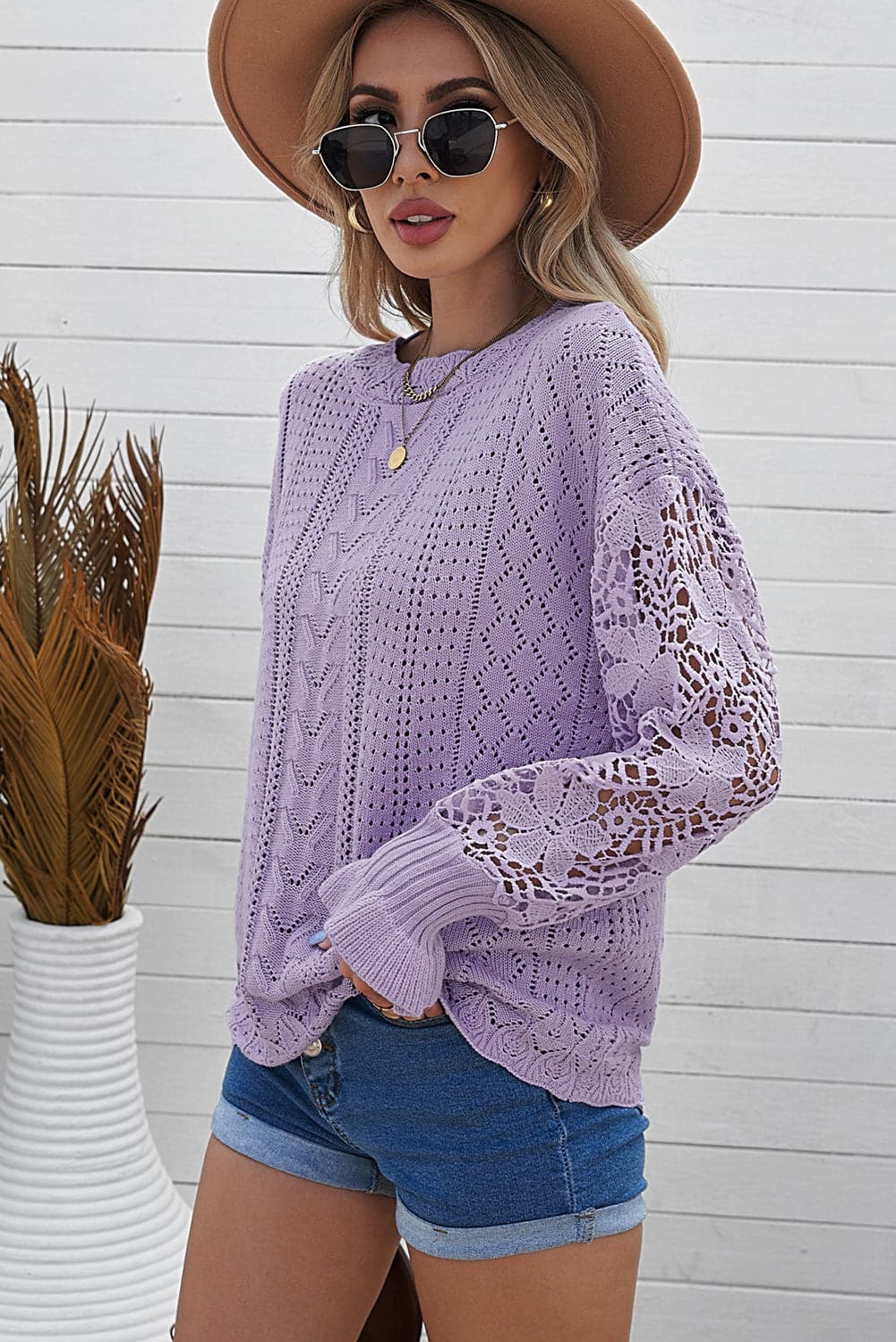 Openwork Lantern Sleeve Dropped Shoulder Sweater.