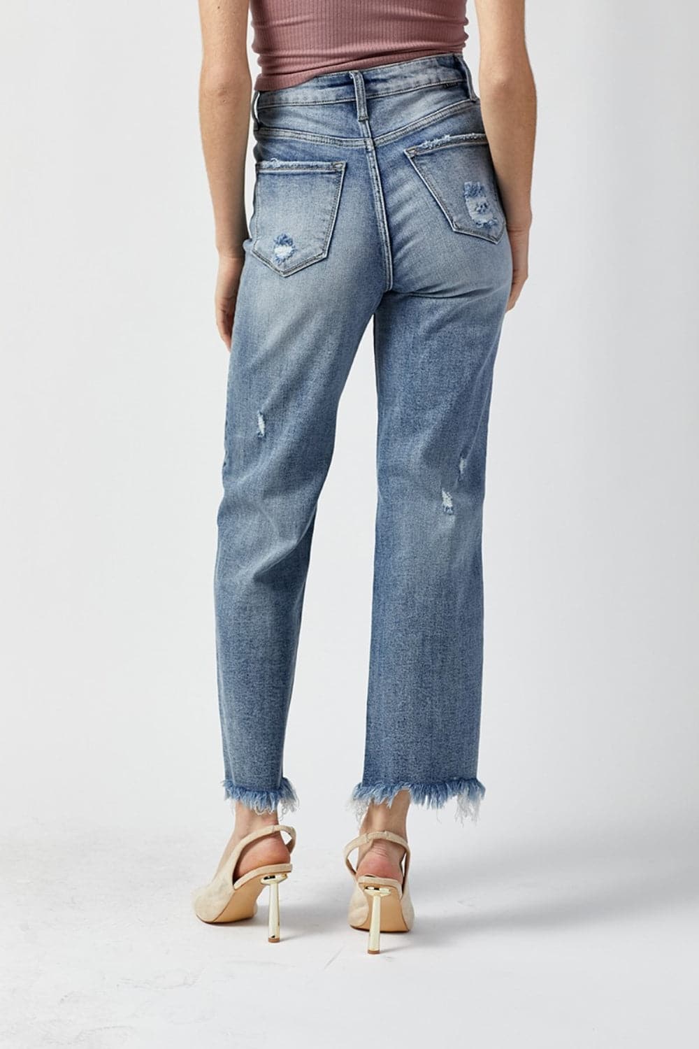 RISEN High Waist Raw Hem Straight Jeans.