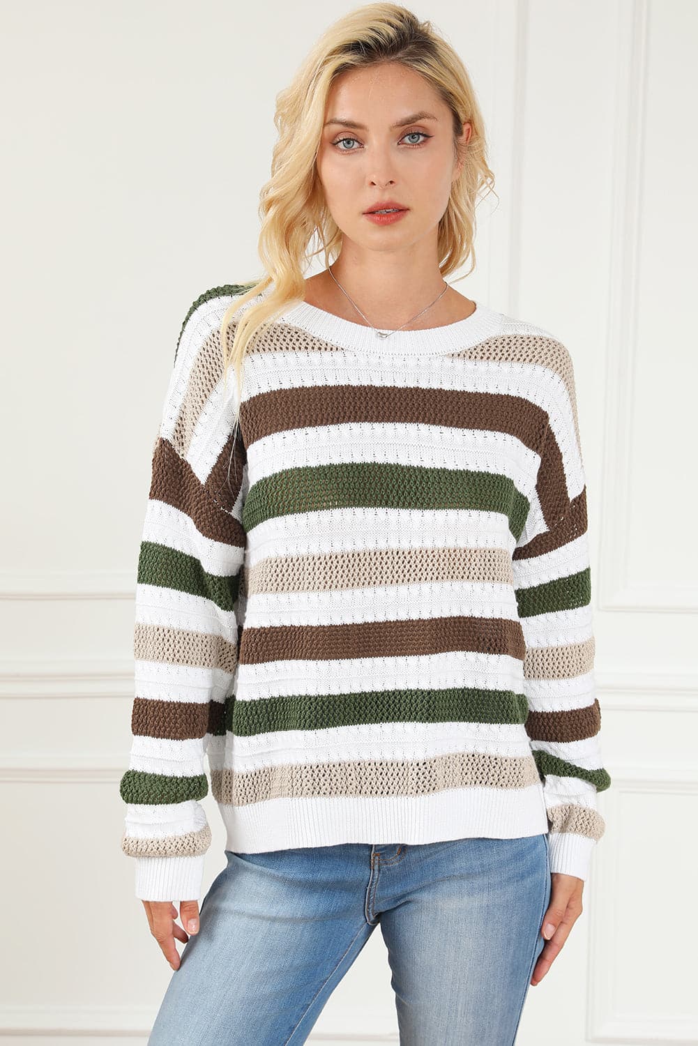 Striped Openwork Dropped Shoulder Sweater.