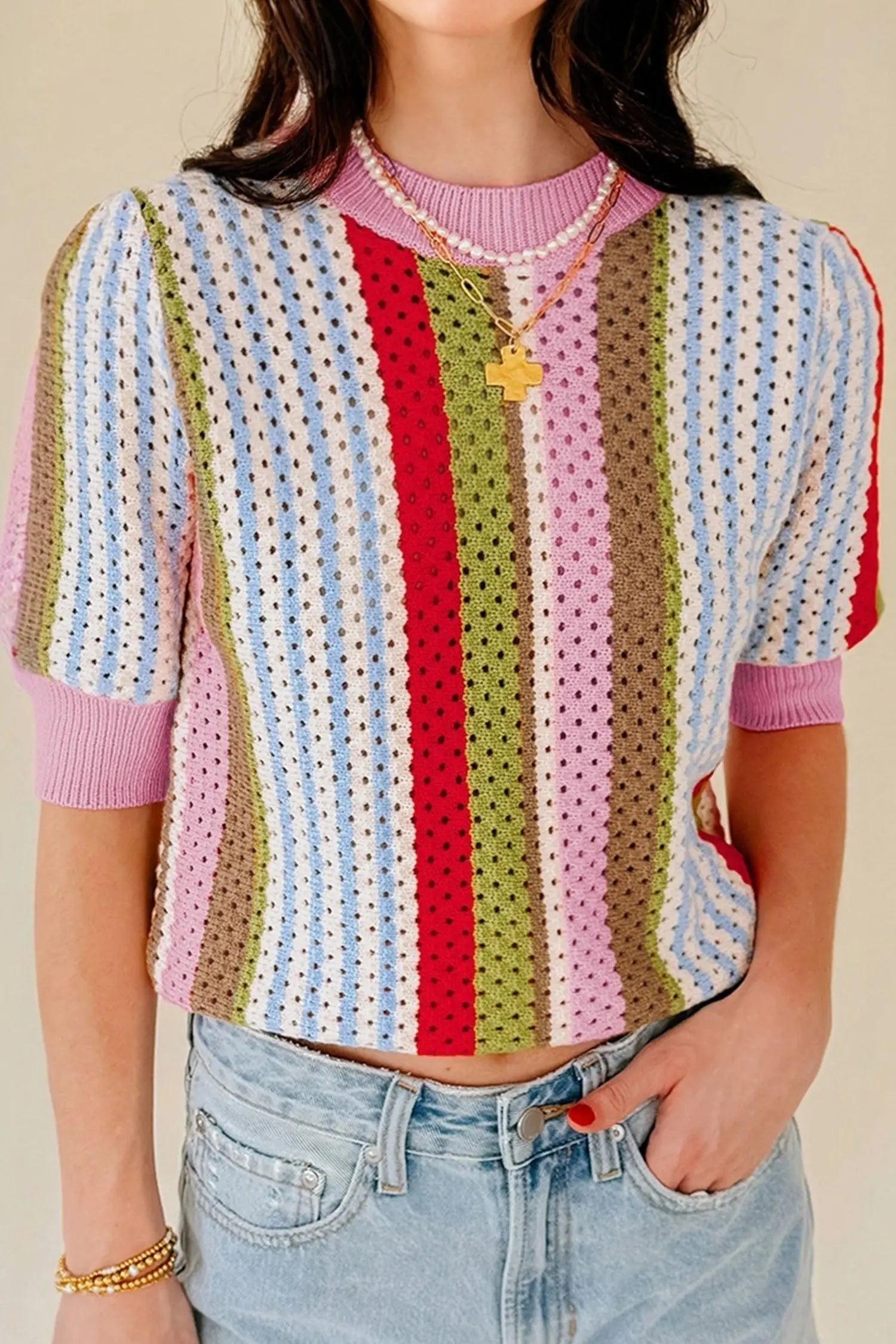 Multicolour Striped Pointelle Knit Short Sleeve Sweater Dear-Lover Dropshipping