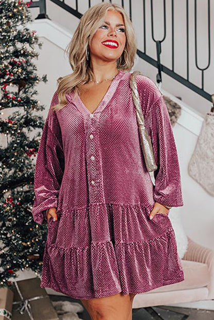 Meadow mauve plus size textured velvet button-up tiered dress