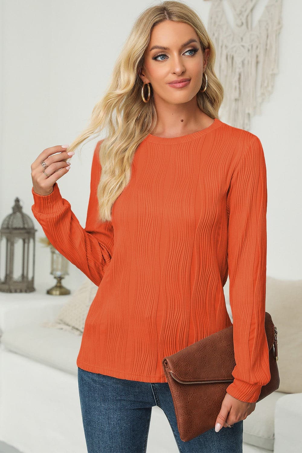 Textured Round Neck Long Sleeve Blouse.