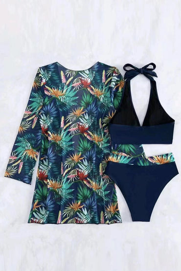 Chic black tropical halter bikini set with stylish cover-up