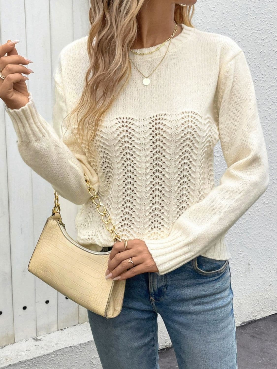 Openwork Round Neck Long Sleeve Sweater.