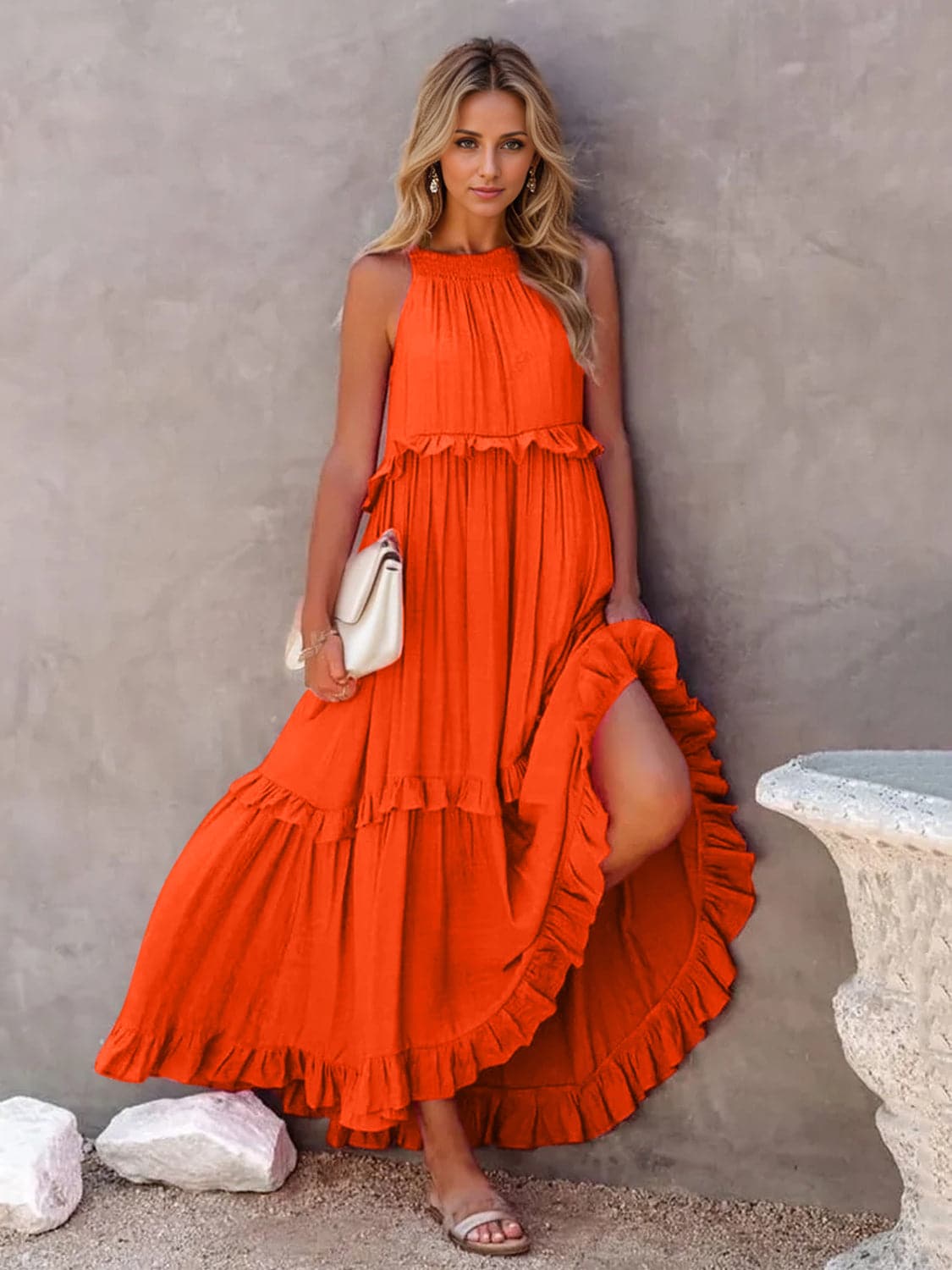 Ruffled Sleeveless Tiered Maxi Dress with Pockets.