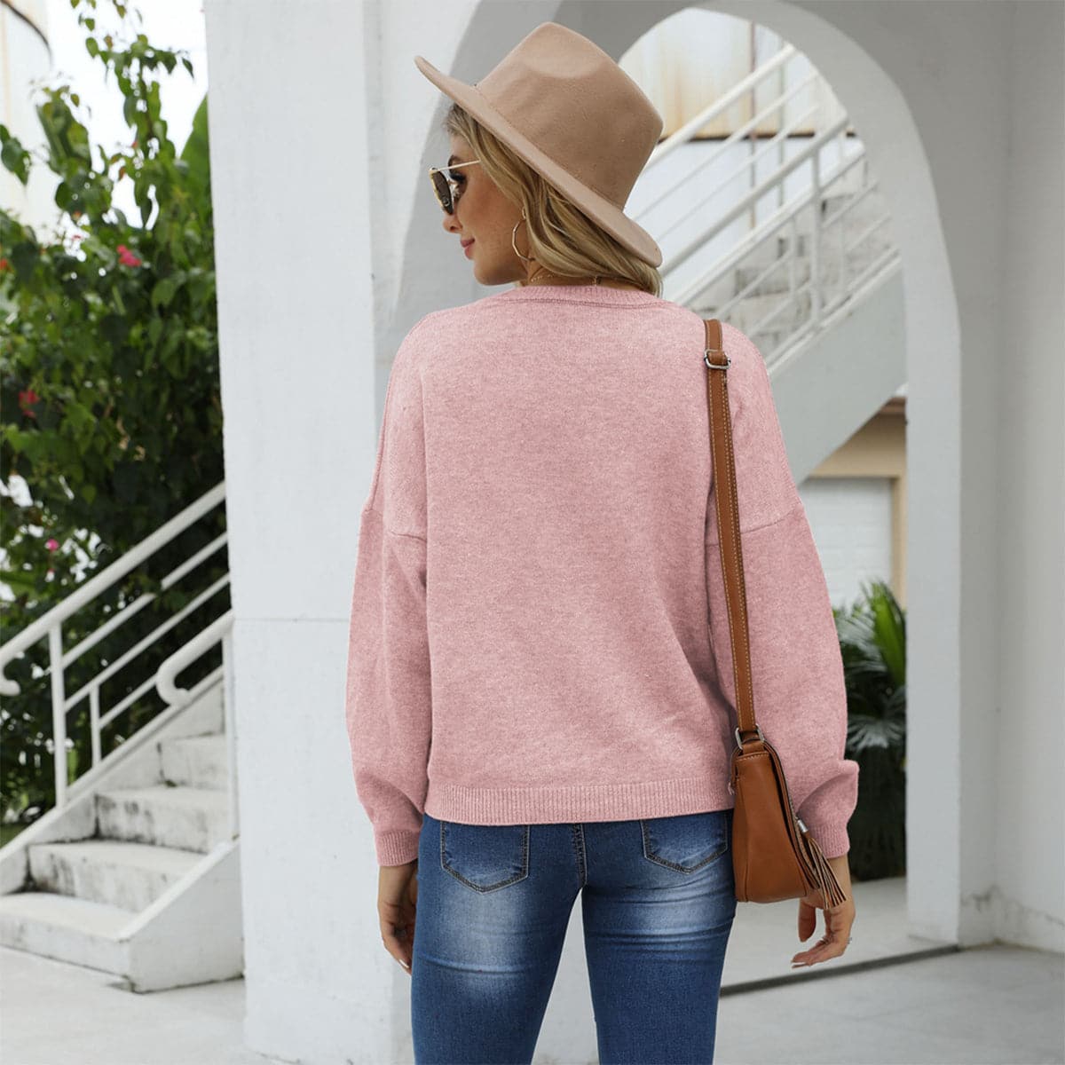 Round Neck Long Sleeve Drop Shoulder Sweater.