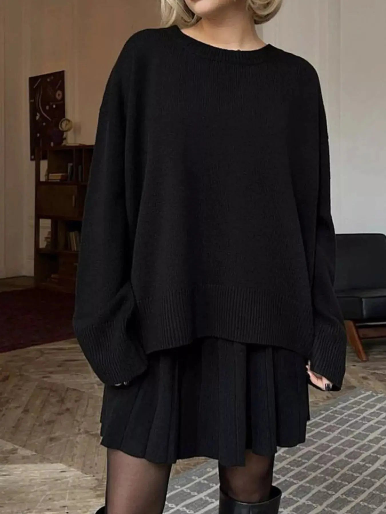 Round Neck Top and Pleated Skirt Sweater Set Simply Love