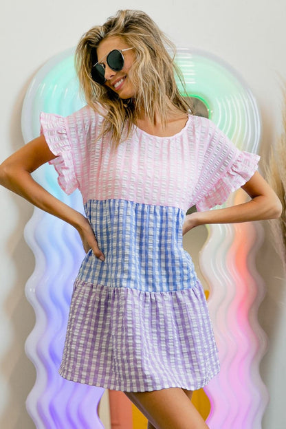 BiBi Plaid Color Block Tiered Top.