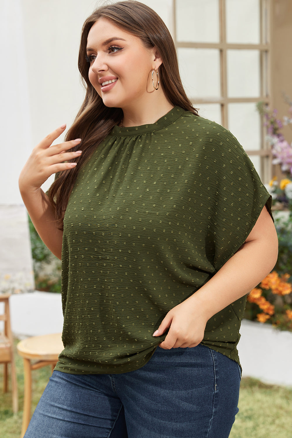 Moss green plus size swiss dot mock neck top with tie-back detail