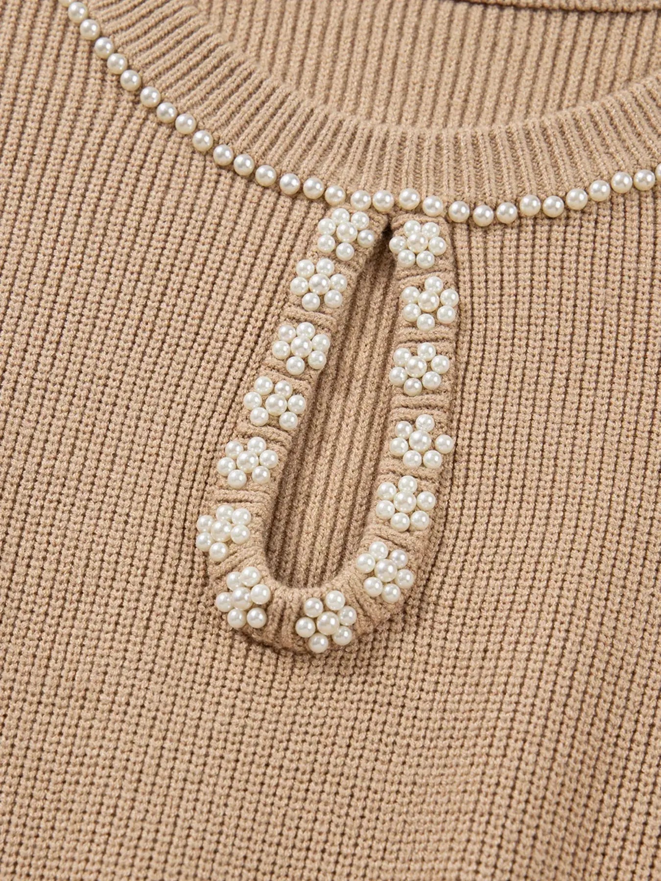 Pearl Embellished Keyhole Ribbed Sweater Dress Simply Love