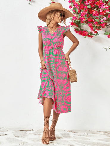 Printed V-Neck Cap Sleeve Dress.