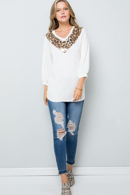 Celeste Full Size Leopard Contrast Balloon Sleeve Top.