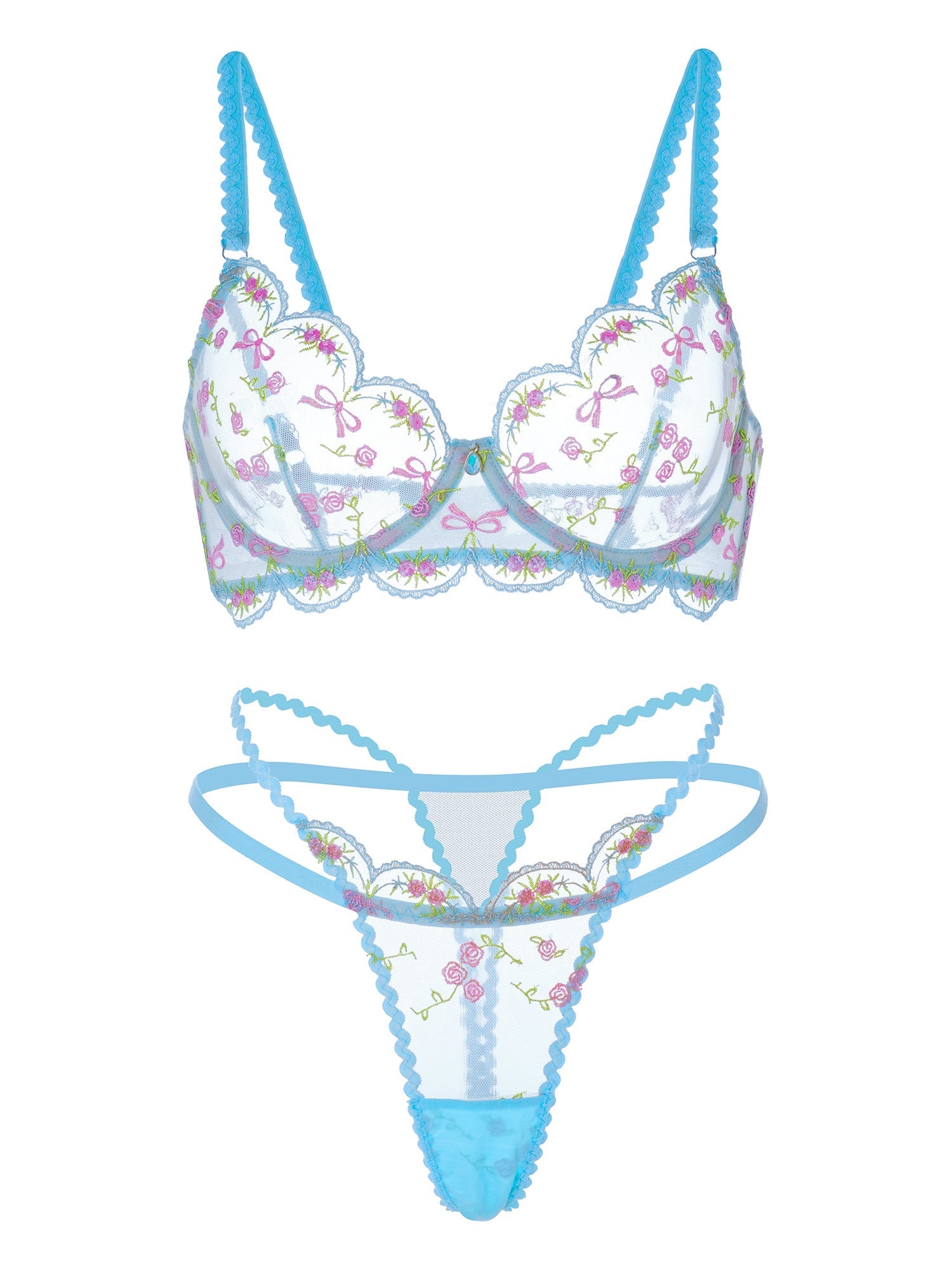 Light Blue Floral Lace Lingerie Set With Rose Print Hello.LA.Girl