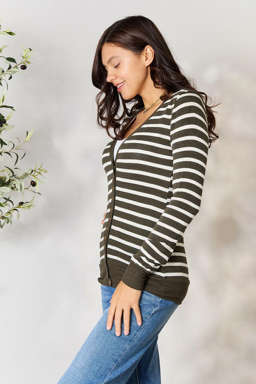 Zenana Full Size Striped Snap Down Cardigan.