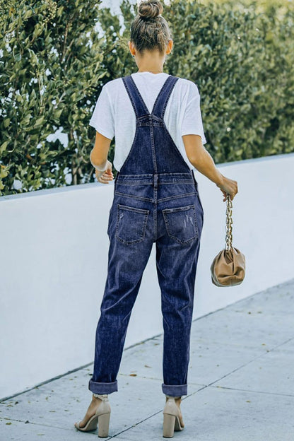 Pocketed Distressed Denim Overalls.