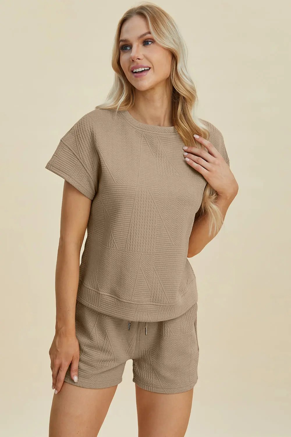 Double Take Full Size Texture Short Sleeve Top and Shorts Set - Love Salve