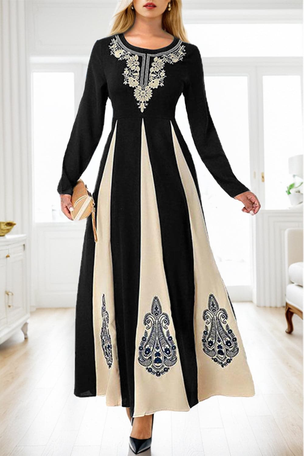 Printed Round Neck Long Sleeve Maxi Dress.