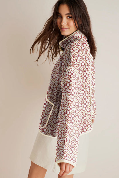 Chic pink floral contrast edge coat with stand neck design