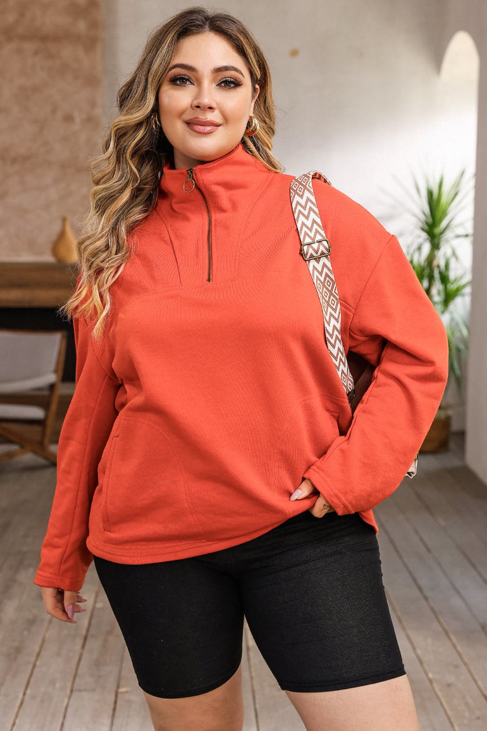 Plus Size Zip-Up Dropped Shoulder Sweatshirt.