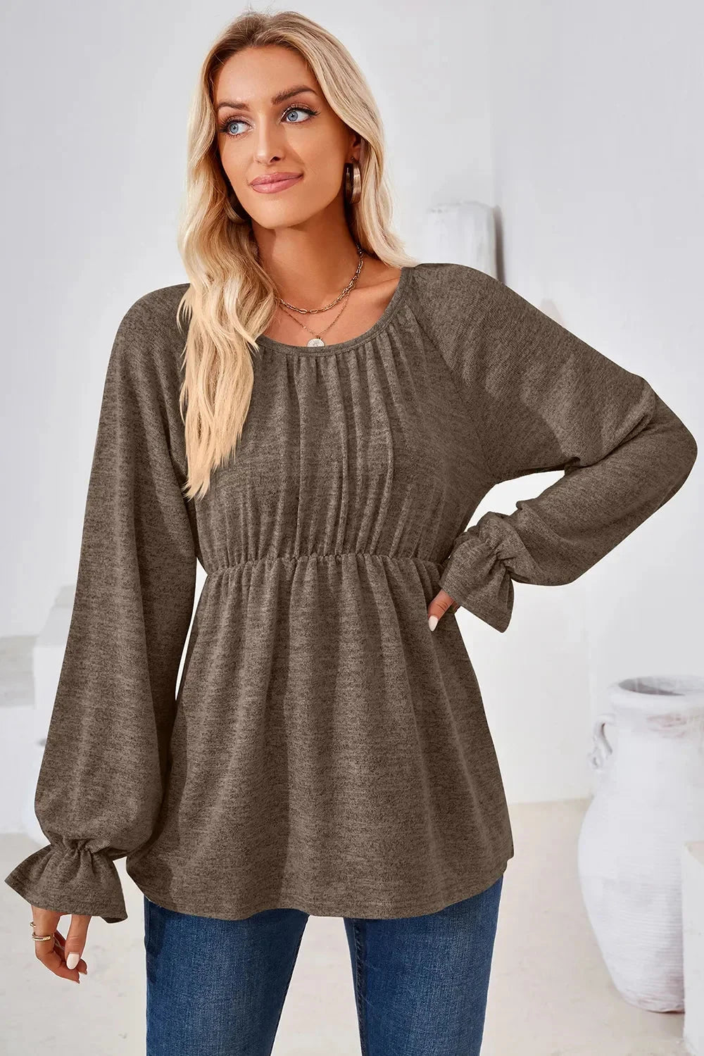 Ruched Round Neck Flounce Sleeve Blouse Coco’s Tee Boutique
