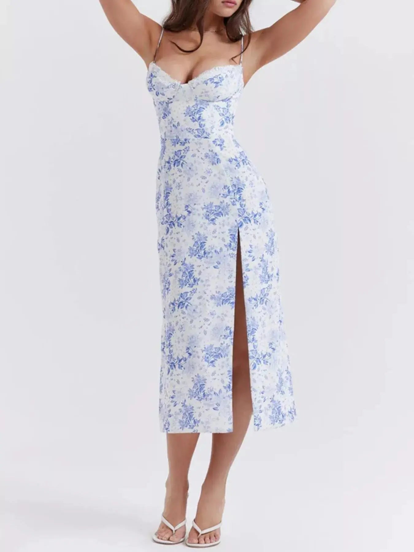 Floral Print Lace Trim Slit Midi Dress Simply Love