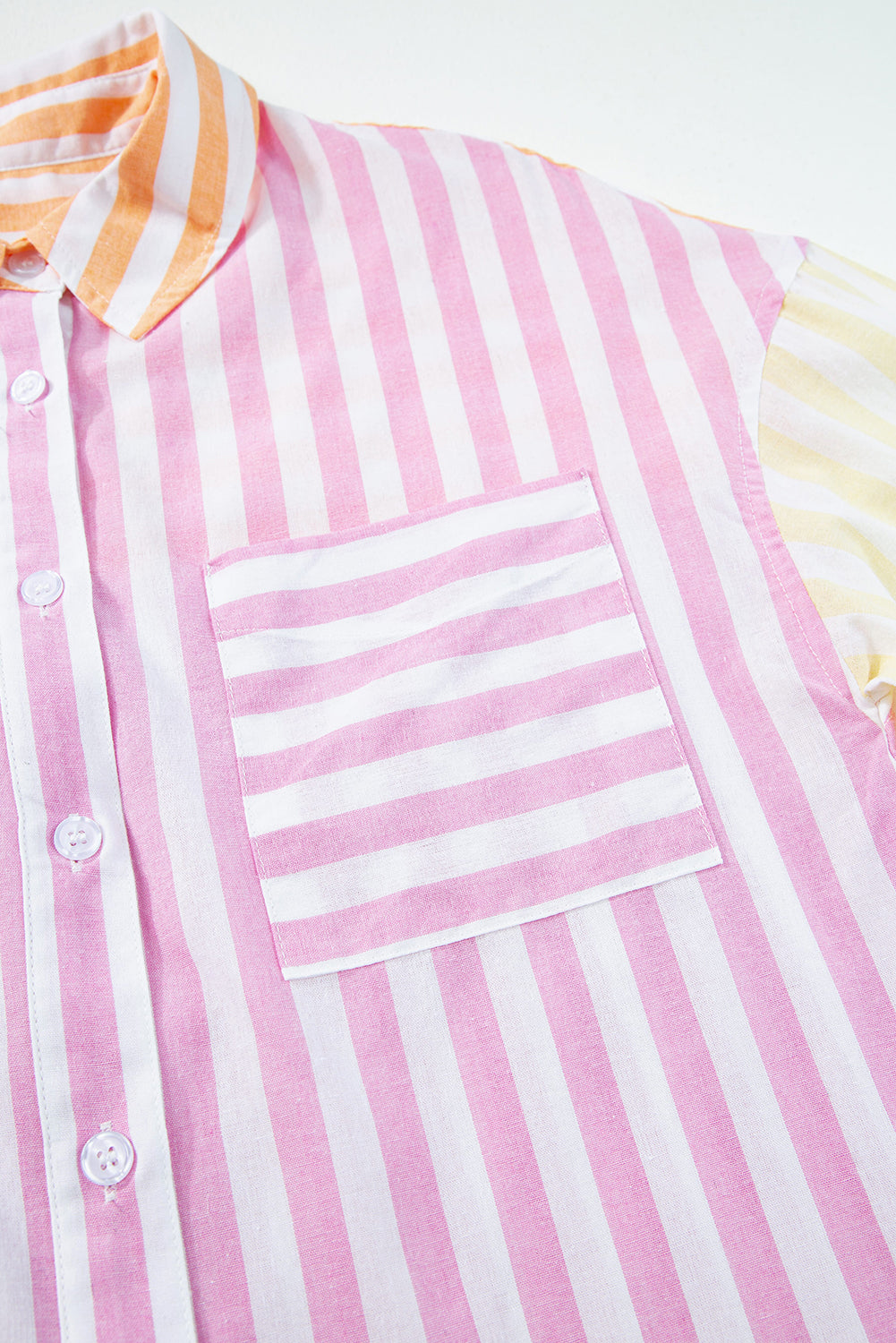 Pink striped patchwork shirt with contrast collar and long sleeves