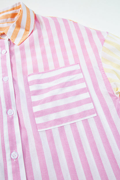 Pink striped patchwork shirt with contrast collar and long sleeves