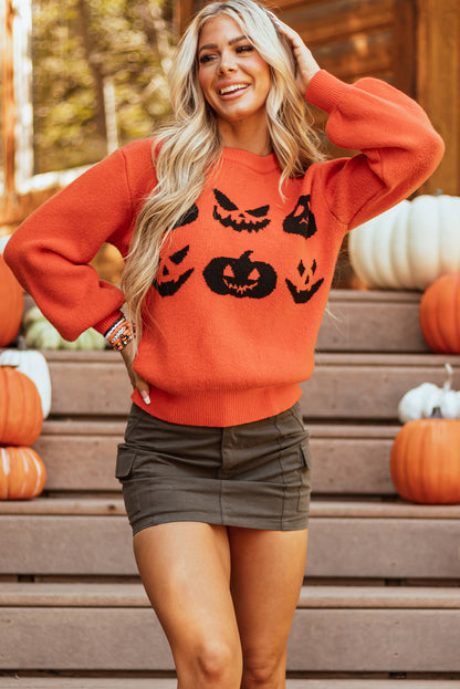 Spooky pumpkin face drop shoulder sweater for Halloween fun