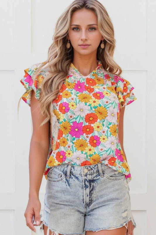 Floral Print Shirred Tiered Ruffled Sleeve Blouse Simply Love