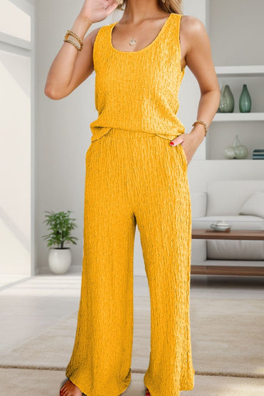 Textured Round Neck Top and Wide Leg Pants Set.