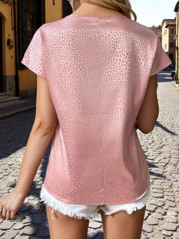 Animal Print Notched Short Sleeve Blouse