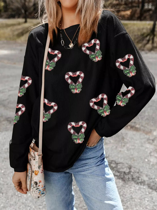 Sequin Christmas Candy Cane Heart Graphic Drop Shoulder Ribbed Sweatshirt Simply Love