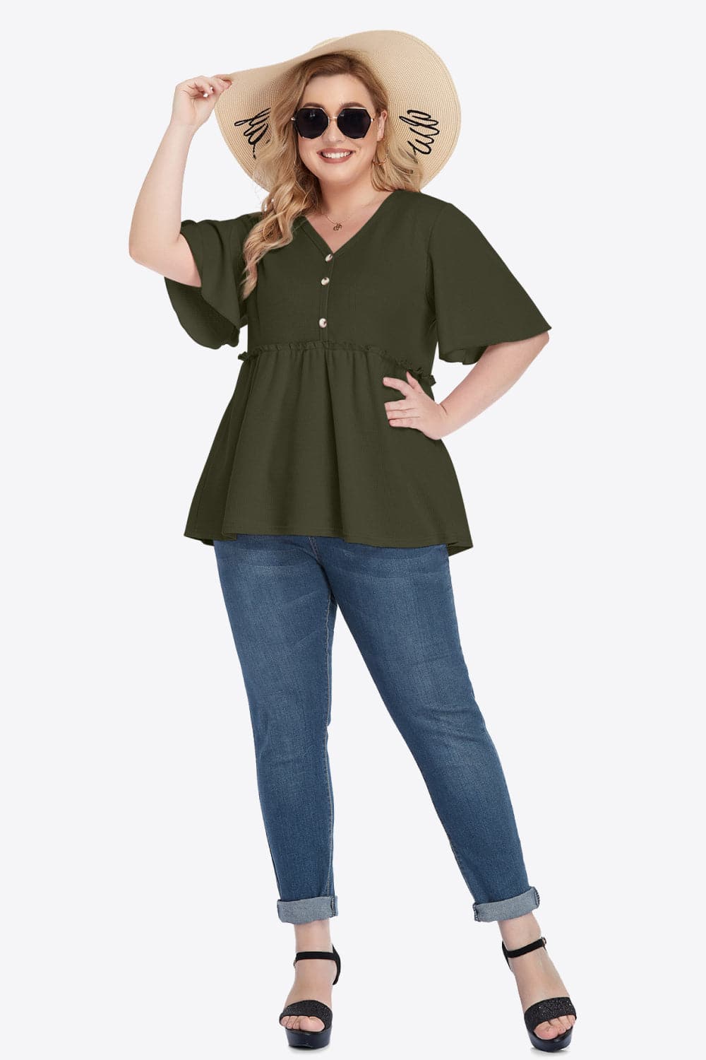 Plus Size Buttoned V-Neck Frill Trim Babydoll Blouse.