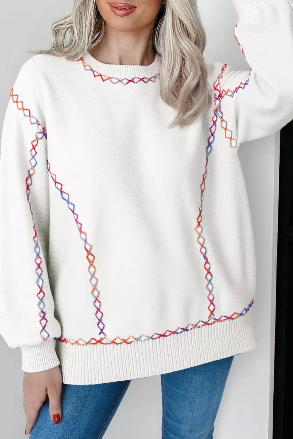 Rainbow Stitching Long Sleeve Relaxed Sweater Simply Love