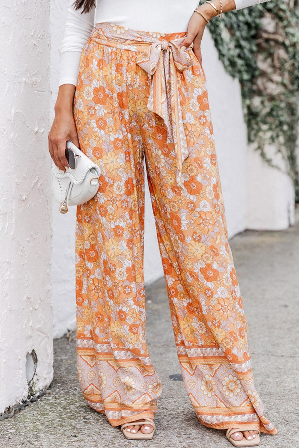 Floral Tie Front Wide Leg Pants.